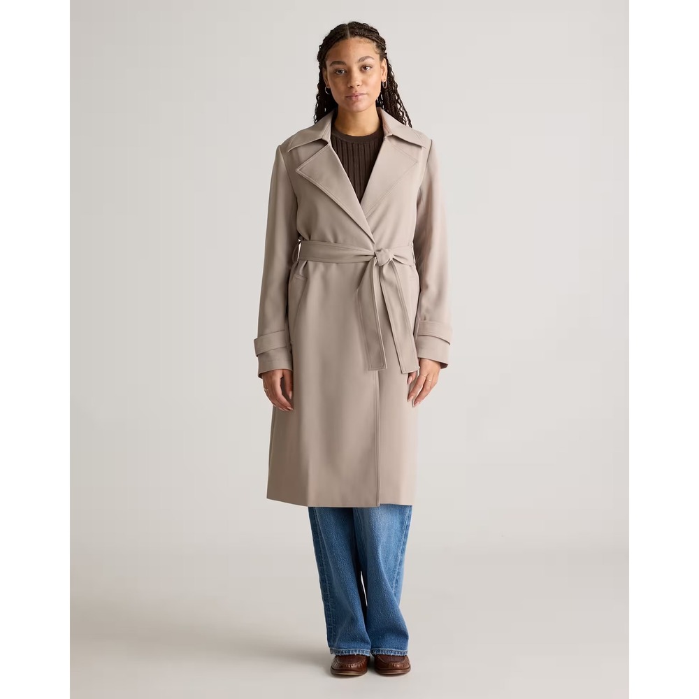 Stretch Crepe Trench Coat Tan Khaki Belted Long Sleeve Lined Jacket